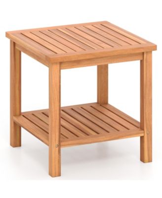 2-Tier Patio Acacia Wood Side Table w/Slatted Tabletop Storage Shelf for Garden