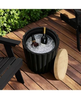 Fluted Round Patio Side Table with Removable Lid & Galvanized Metal Ice Bucket