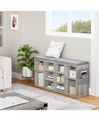 Gray 41" Padded Seat Shoe Storage Bench - 10 Cubes Adjustable Shelves Side Pockets Entryway Organizer