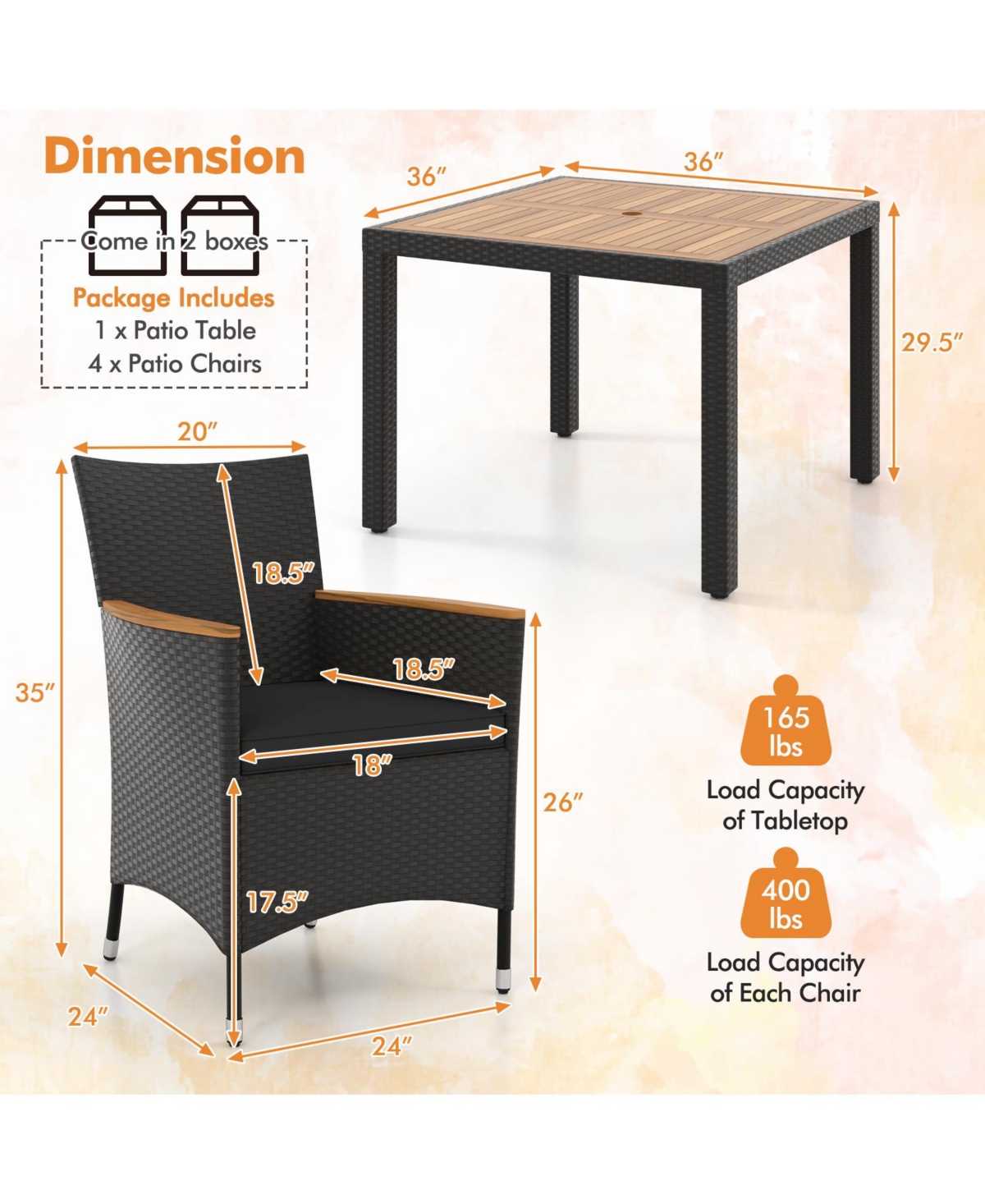 Gymax Set Of 5 Patio Dining Table Set for 4 Rattan Conversation Set w/ Umbrella Hole