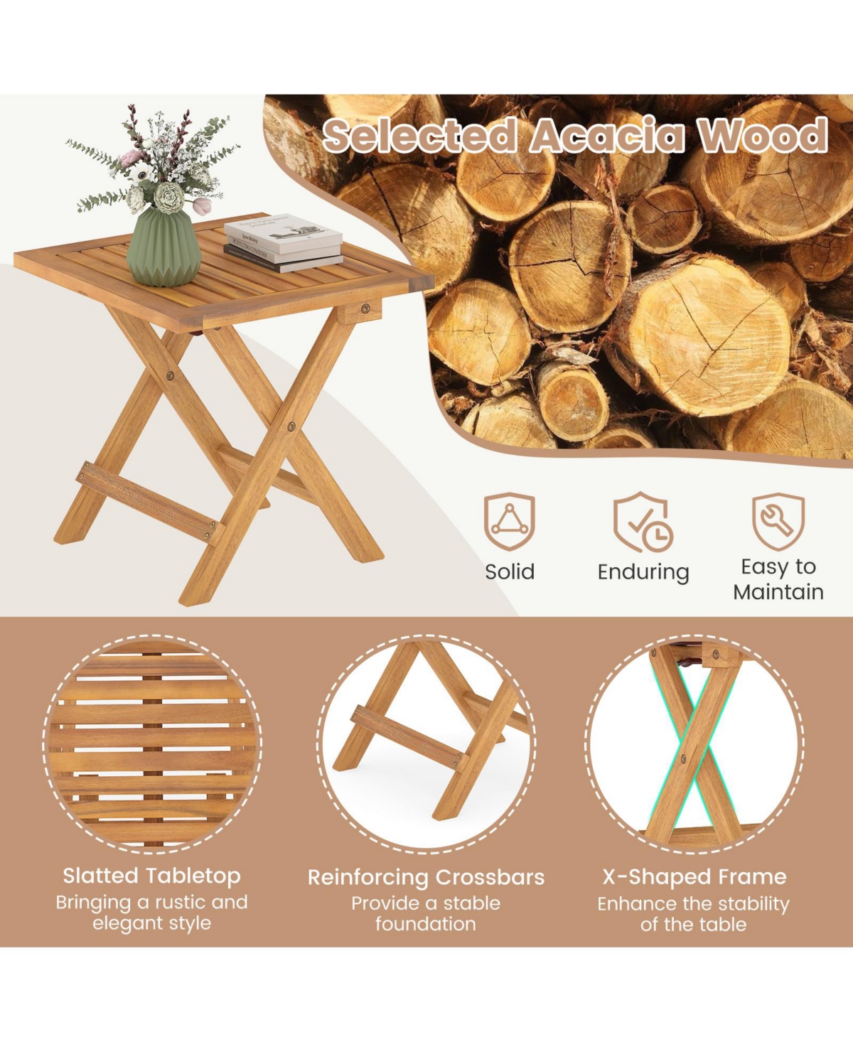 Gymax 2 Pcs Outdoor Folding Side Table Acacia Wood End Table Square Patio Bistro Table