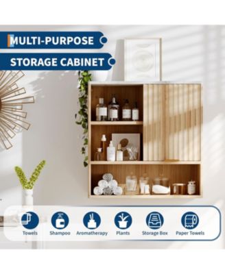 Fluted Bathroom Wall Cabinet with Sliding Door, Faux Marble Top, Adjustable Shelf & Open Storage, Curved Profile