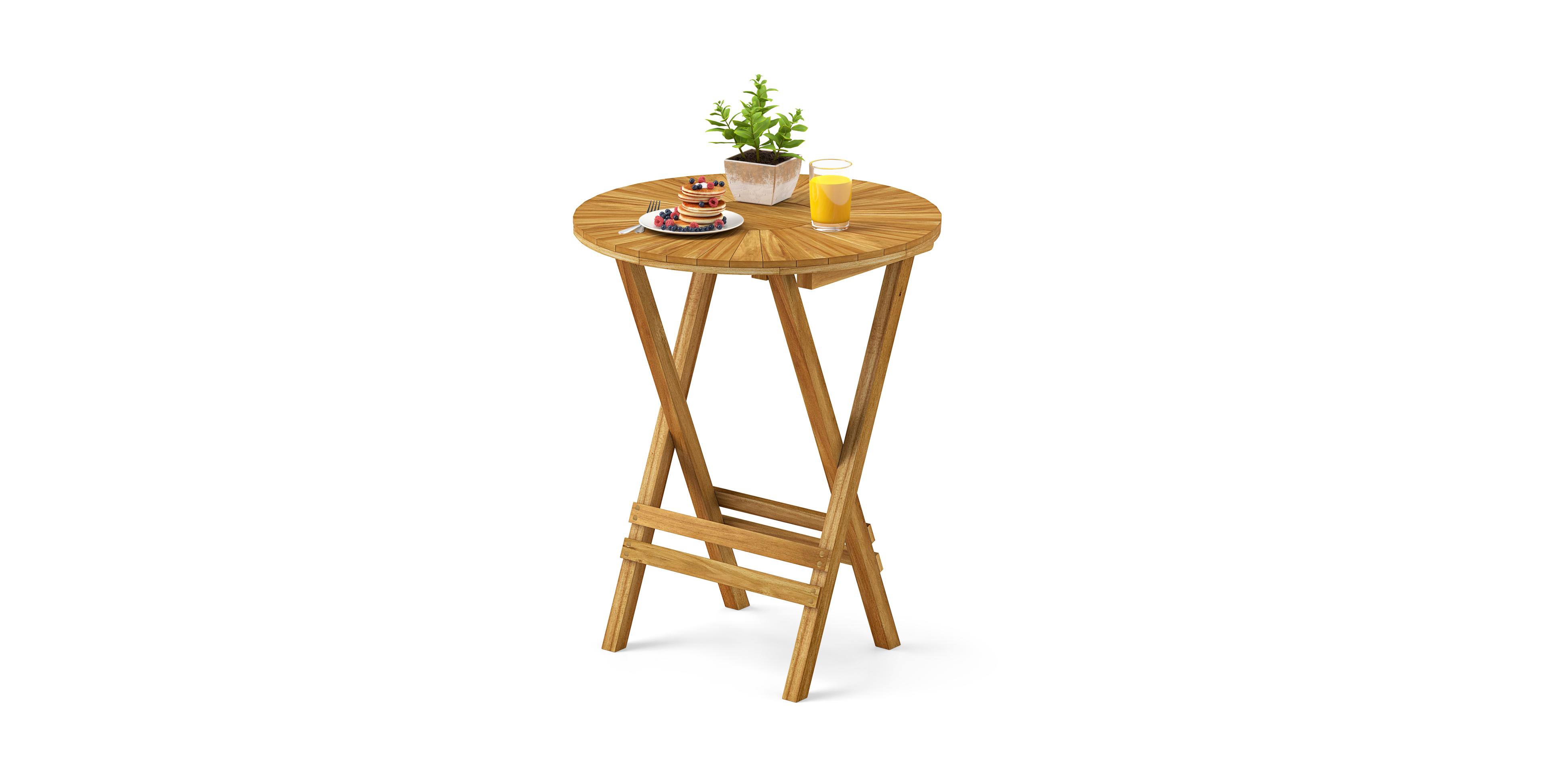 Gymax Patio Folding Side Table 23.5'' Teak Wood Round End Table Fully Assembled