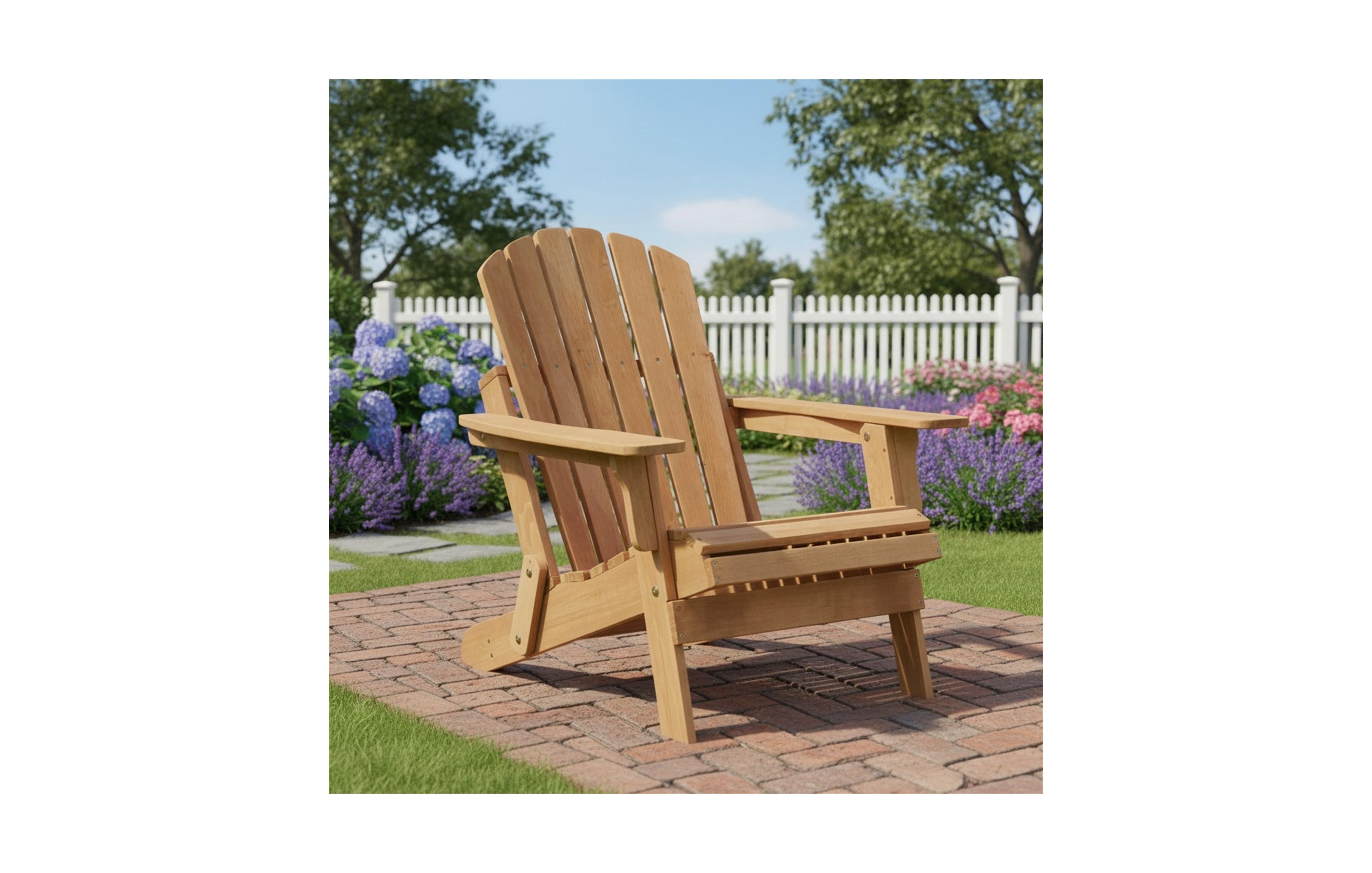 Clihome Outdoor Wooden Folding Adirondack Chair with BackRest & SeatBoard, Wood Patio Chair