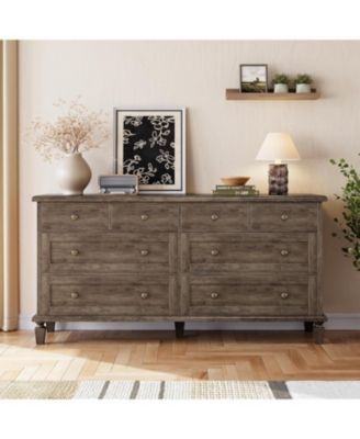 Vintage 8 Drawer Dresser with Tapered Legs, Wood Wide Chest of Drawers for Bedroom, Living Room, Entryway, Distressed Wood Finish