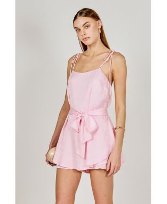 Women's Spaghetti Tie Belted Romper Dress