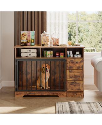 47.8 Inch Dog Crate Furniture Kennel with Doors Wooden Pet House with Drawers and Storage Cabinet