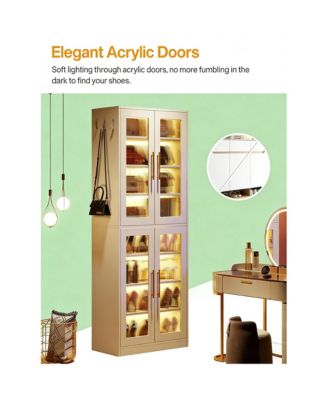 Modern Shoe Cabinet for Entryway, 8-Tier Vertical Shoe Rack with LED Lighting, Doors for Dust Protection and Hooks for Entryway, Living Room