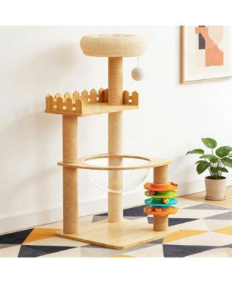 39.3" Modern Wood Cat Tree Tower with Scratching Posts, Perch, Hammock & Toys for All Cats