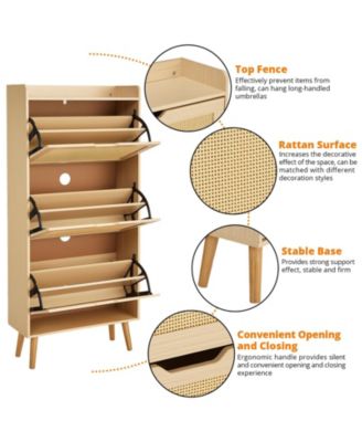 Narrow Entryway Shoe Bench, 3 Flip Drawers with Woven Rattan Front, Space-Saving Design