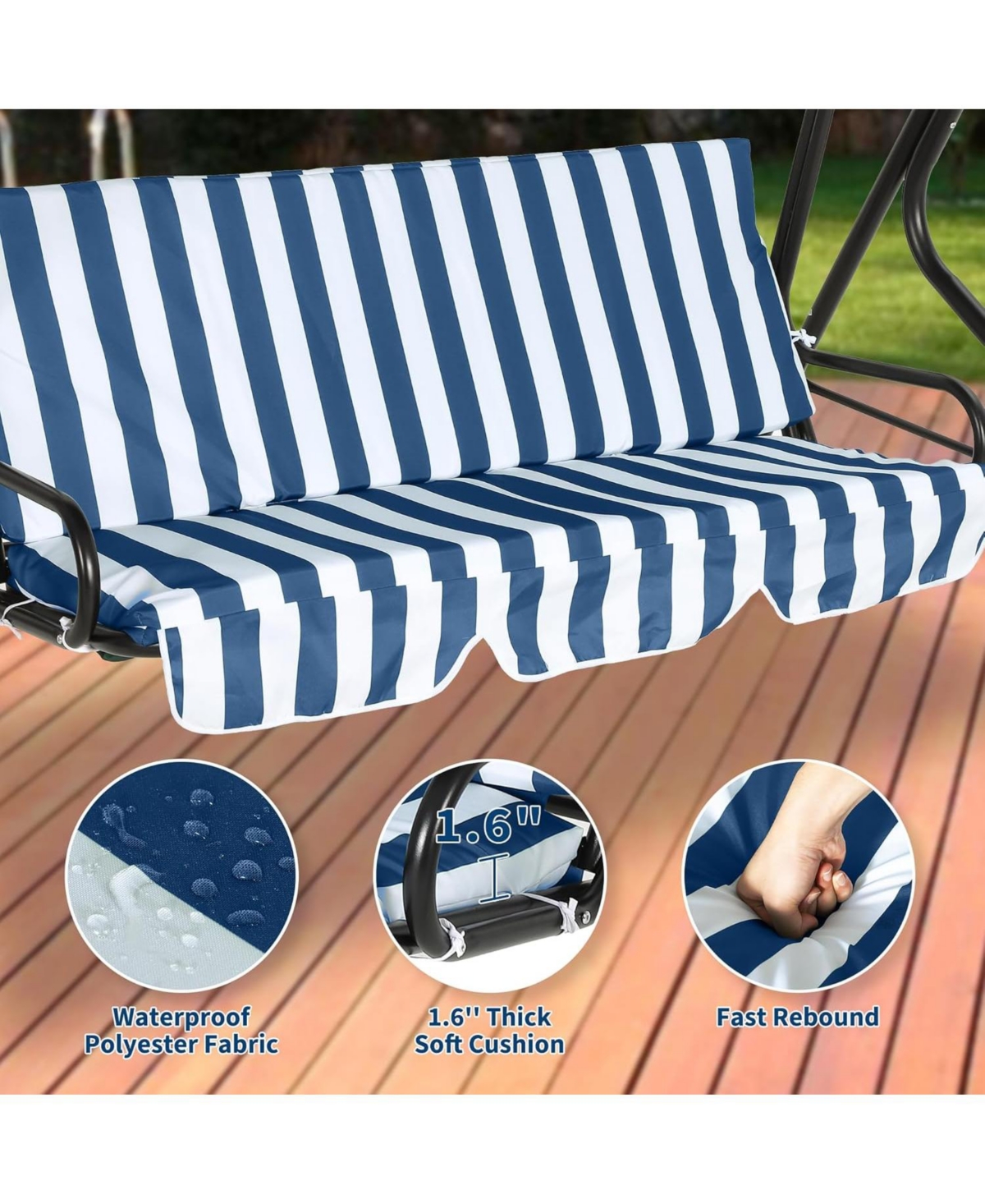 gaomon Outdoor Porch Swing Chair with Adjustable Canopy & Striped Seat Cushion for Adults 3-Seat Patio Glider Bench with Thick Cushions