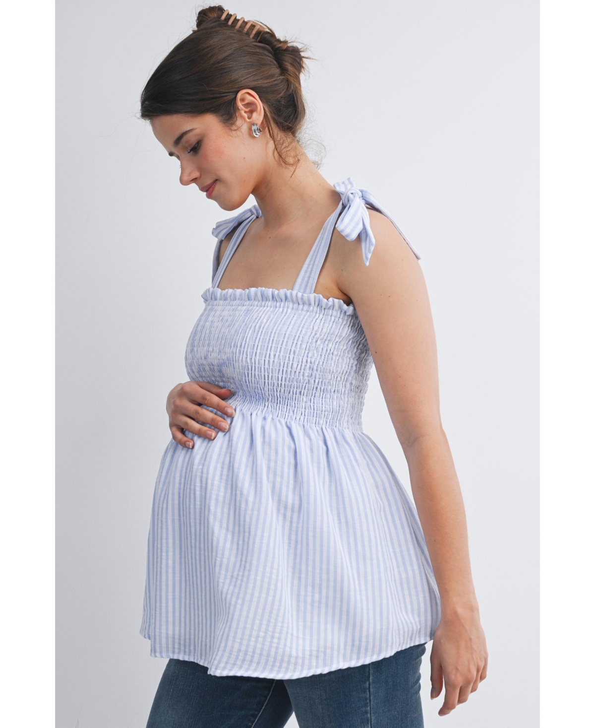 Hello Miz Maternity Striped Smocked Square Neck Tie Strap Top