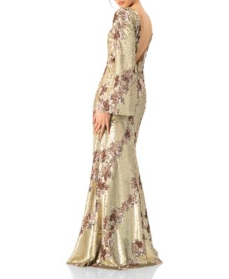 Women's Floral Sequin Gown with Open Back