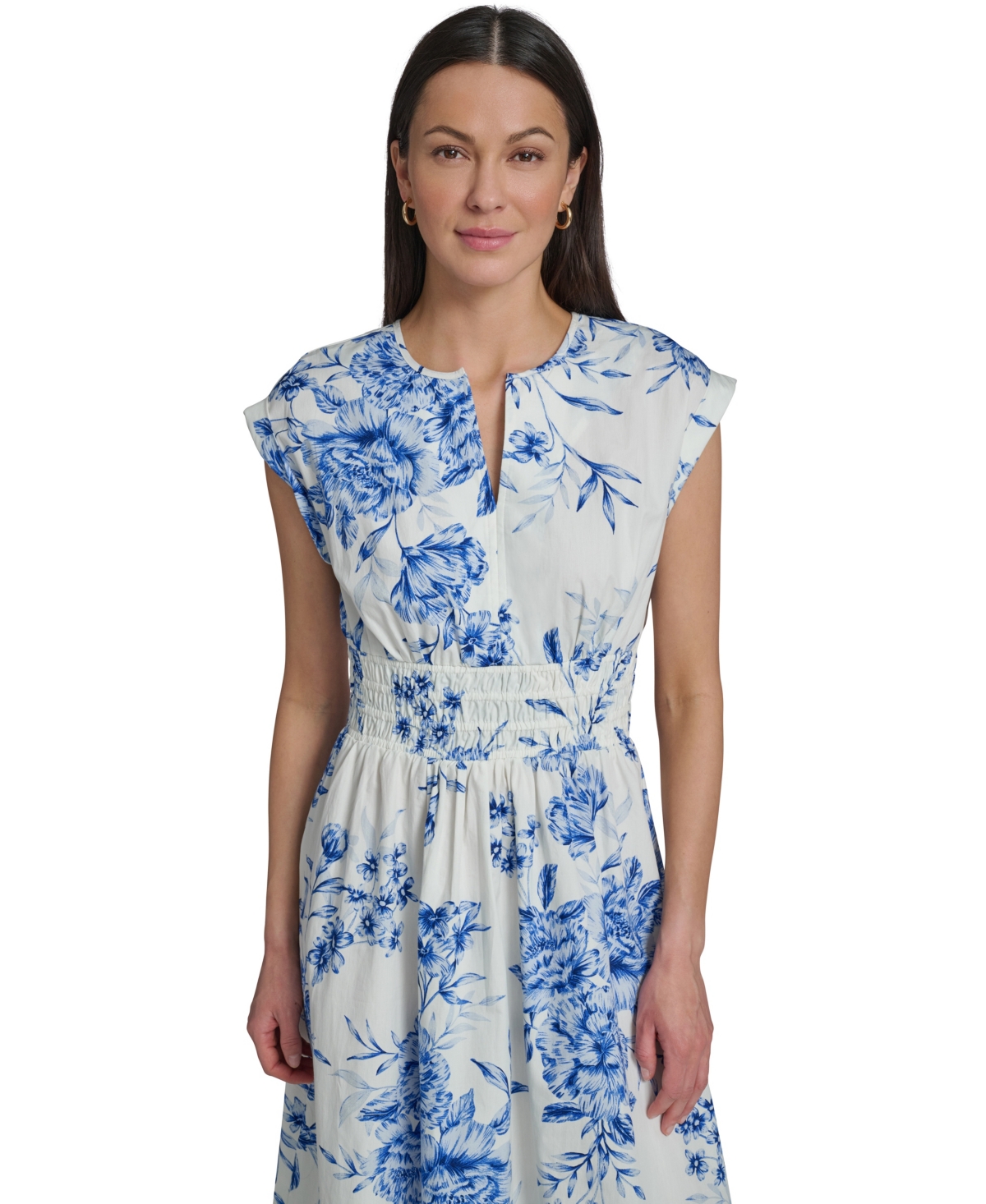 Calvin Klein Women's Floral Smocked V-Neck A-Line Midi Dress