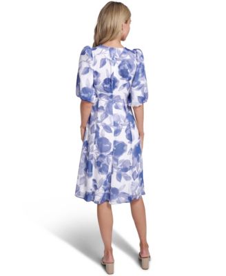 Petite Balloon-Sleeve Printed Midi Dress