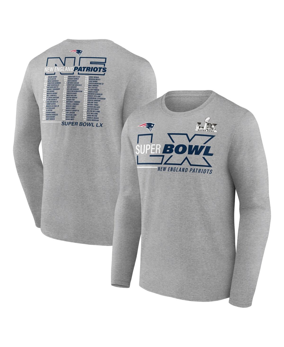 Fanatics Men's Heather Gray New England Patriots Super Bowl Lx Roster Long Sleeve T-Shirt