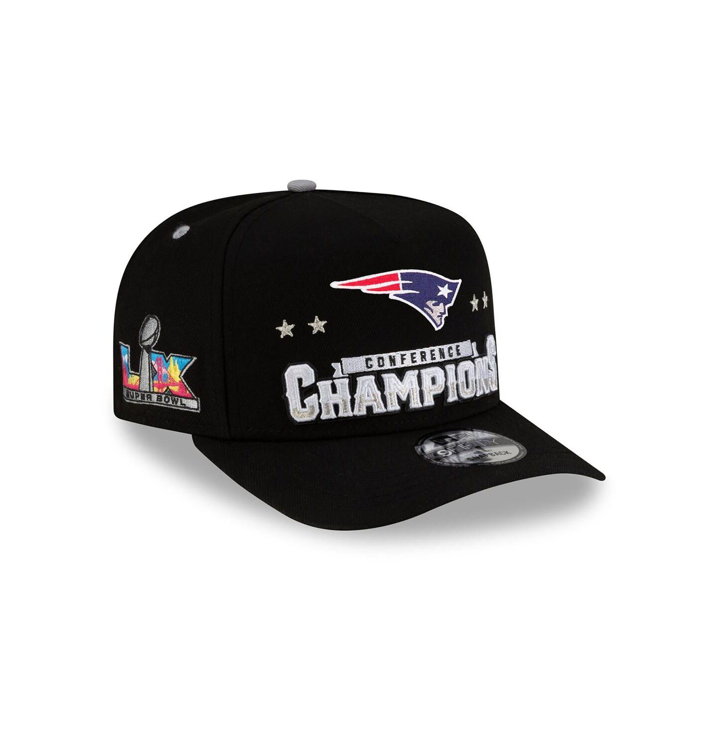 Мужская кепка New Era Black New England Patriots 2025 AFC Champions Locker Room Trophy Collection A-Frame 9FIFTY Snapback Hat — фото 1