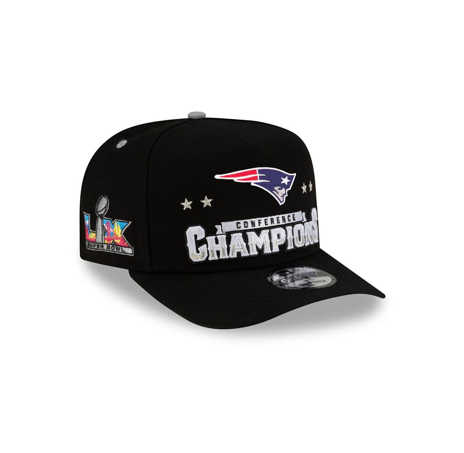Men's Black New England Patriots 2025 AFC Champions Locker Room Trophy Collection A-Frame 9FIFTY Snapback Hat