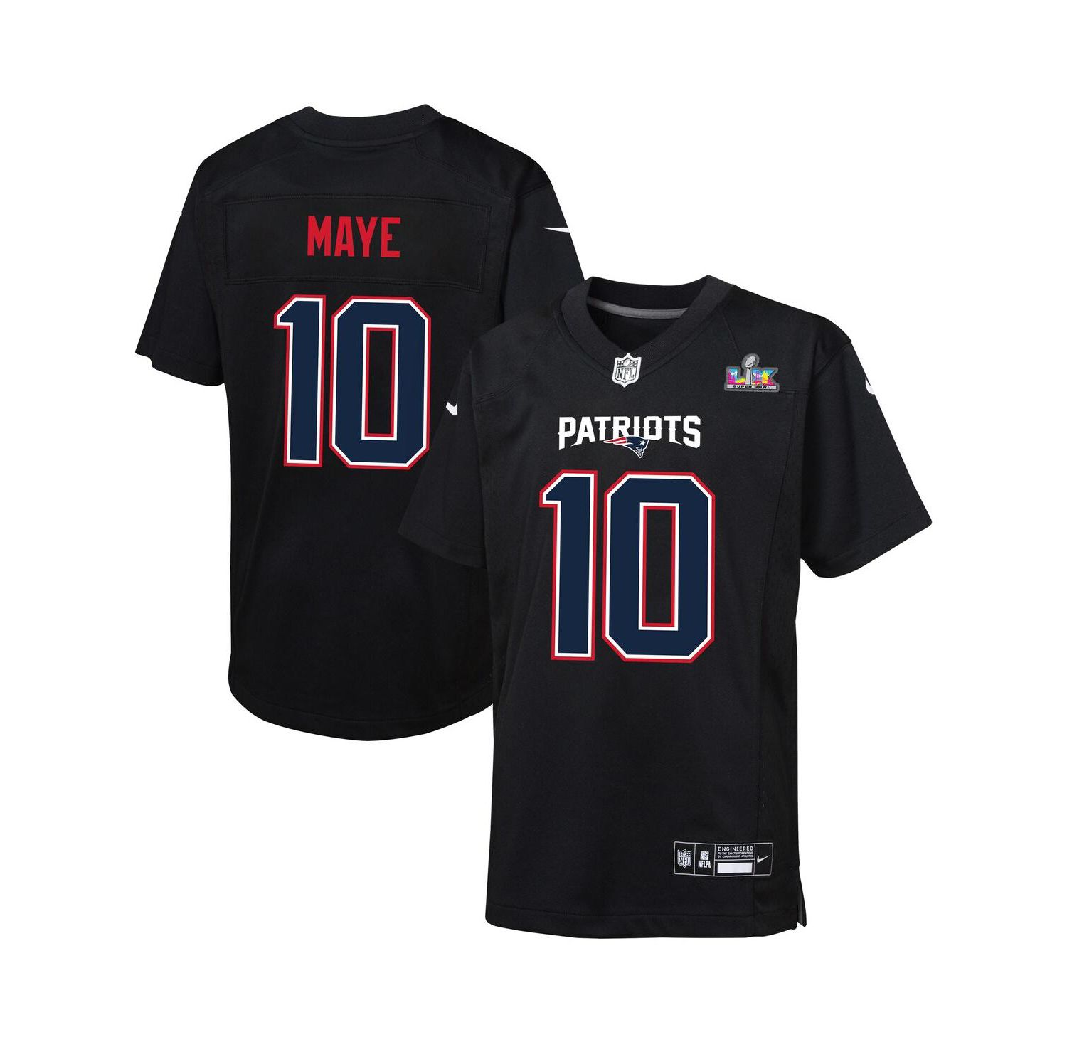 Big Boys and Girls Drake Maye Black New England Patriots Super Bowl LX Patch Carbon Fashion Game Jersey