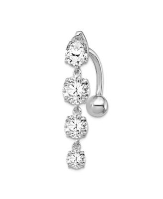 Solid 10k Yellow or White Gold Polished Screw back 14g Graduating Pear and Round Cubic Zirconia Belly Ring Dangle