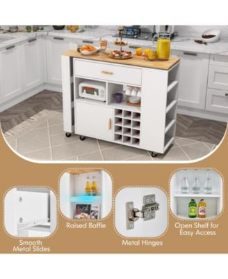 Reversible Folding Kitchen Island Cart with Wine Rack, Spice Rack, Rolling Wheels