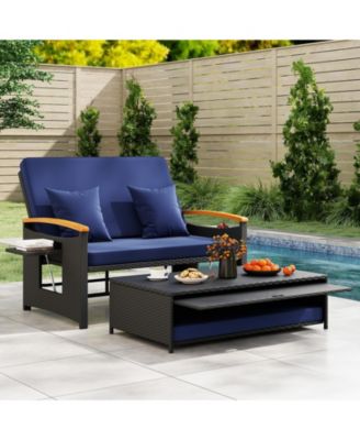 Patio Rattan Daybed Set w/Cushioned Loveseat & Storage Ottoman for Porch Outdoor