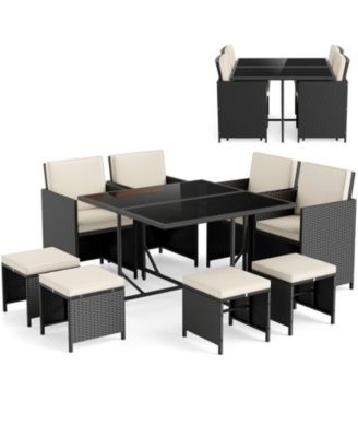 Set Of 9 Patio Dining Set w/Tempered Glass Table & Ottoman Removable Cushions