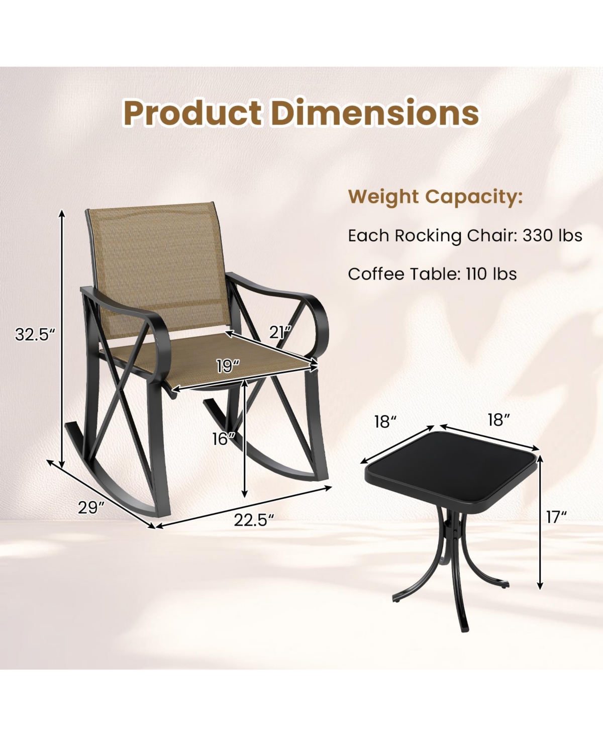 Gymax 3 Piece Patio Rocking Set 2 Chairs w/ Tempered Glass Side Table