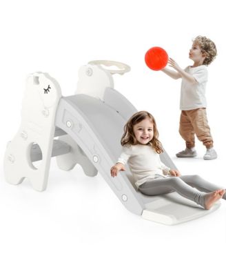 3-in-1 Foldable Toddler Slide with Climb & Basketball Hoop – Safe Triangle Structure