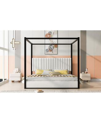 King Size Upholstery Canopy Platform Bed with Headboard