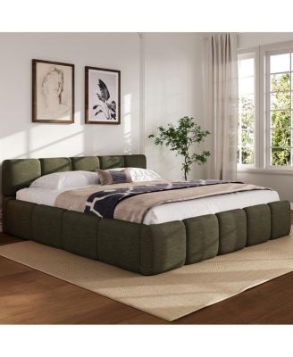 California   Linen Platform Bed with Thick Headboard/Footboard