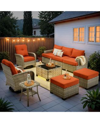 9 Pieces Wicker Outdoor Patio Furniture Set,Rattan Modular Sectional Sofa,Outside Swivel Rocking Chairs Coversation Set with Side Table