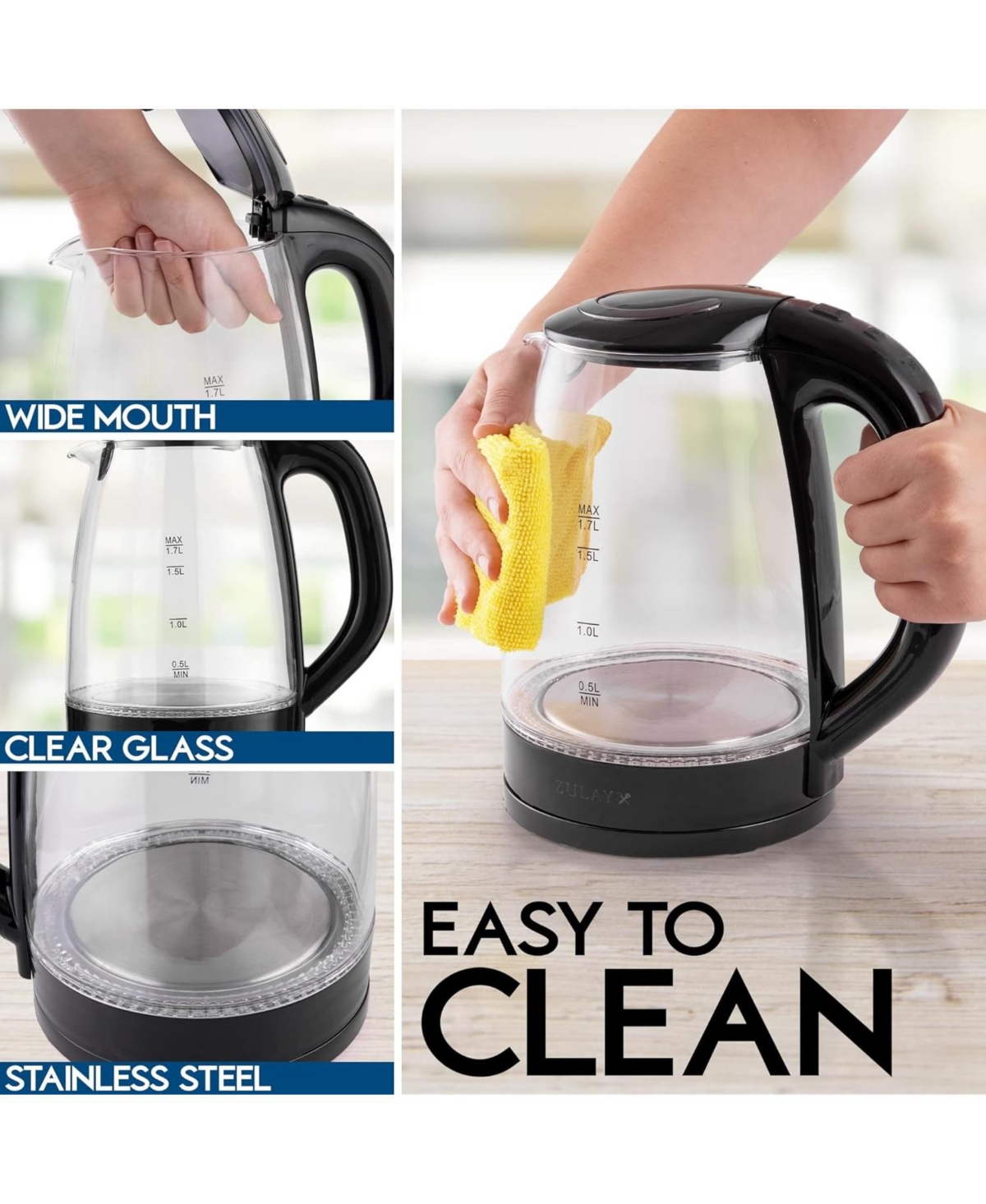 Zulay Kitchen Borosilicate Glass Electric Kettle with Blue Led Light