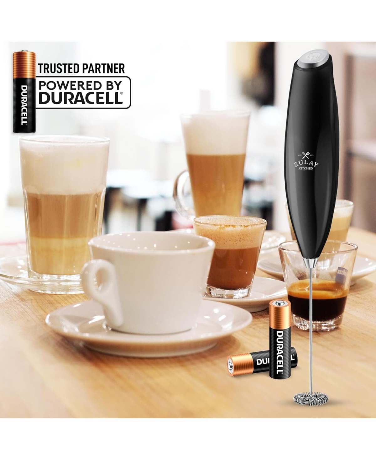 Zulay Kitchen Milk Frother Wand Drink Mixer with Aa Duracell Batteries