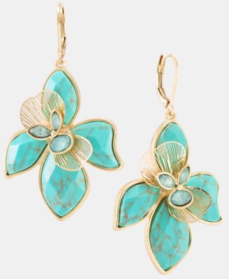 Gold-Tone Faux Turquoise Large Flower Drop Earrings