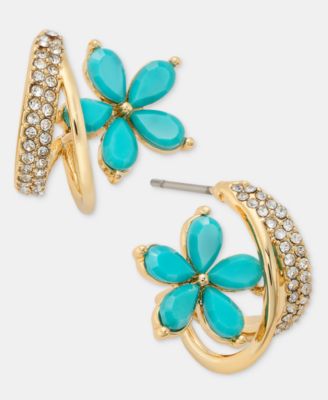 Gold-Tone Faux Turquoise Flower Hoop Earrings