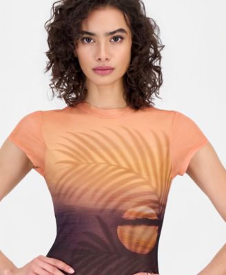 Women's Short-Sleeve Beach Sunset Mesh Maxi Dress