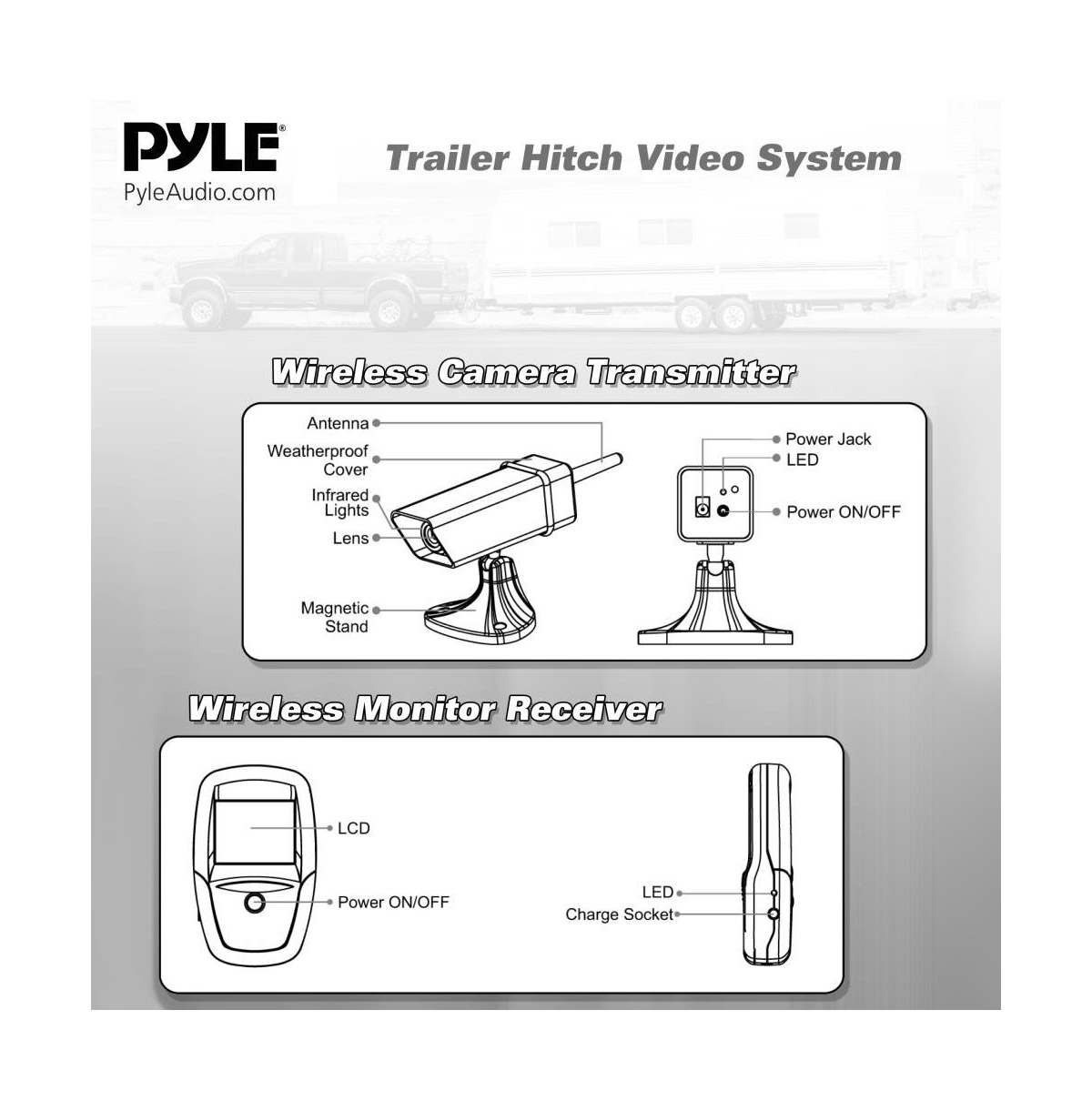 Pyle Waterproof Wireless Hd Backup Camera, Night Vision Illumination, Lcd Display Screen, with Built-in Rechargeable Battery, Black. (PLCMH6)