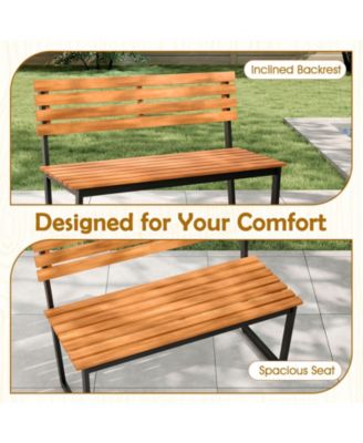 Outdoor Bench Acacia Wood Patio Loveseat w/ Backrest & Heavy Duty Metal Frame