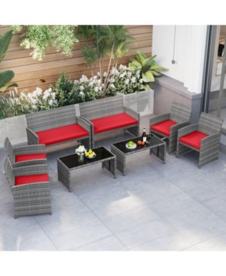 8 Piece Patio Furniture Set Outdoor Wicker Conversation Set w/ Tempered Glass Coffee Table