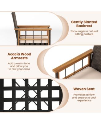 Set of 2 Patio Dining Chairs w/ Removable Padded Cushion Acacia Wood Armrests