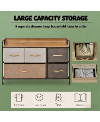 5-Drawer Dresser, Fabric Chest of Drawers, 2-Tier Storage Organizer with Foldable Drawers and Open Shelves for Bedroom and Living Room