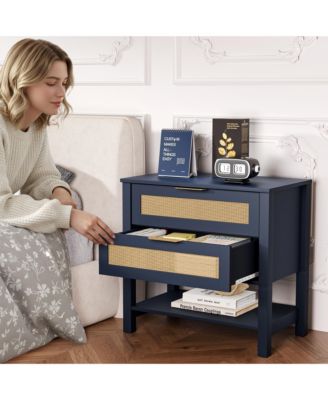 Rattan Nightstand - Bedside Table with 2 Drawers, Open Storage Shelf and Gold Drawer Handles for Bedroom, Living Room, Hallway