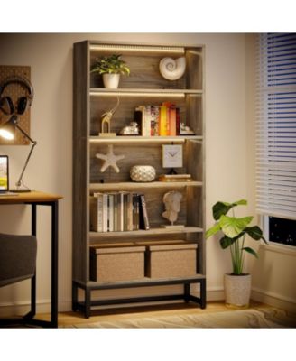 70.8" Tall Bookcase and Bookshelf with LED Lights, Free-Standing Library Bookshelf with 5-Tier Storage Shelves