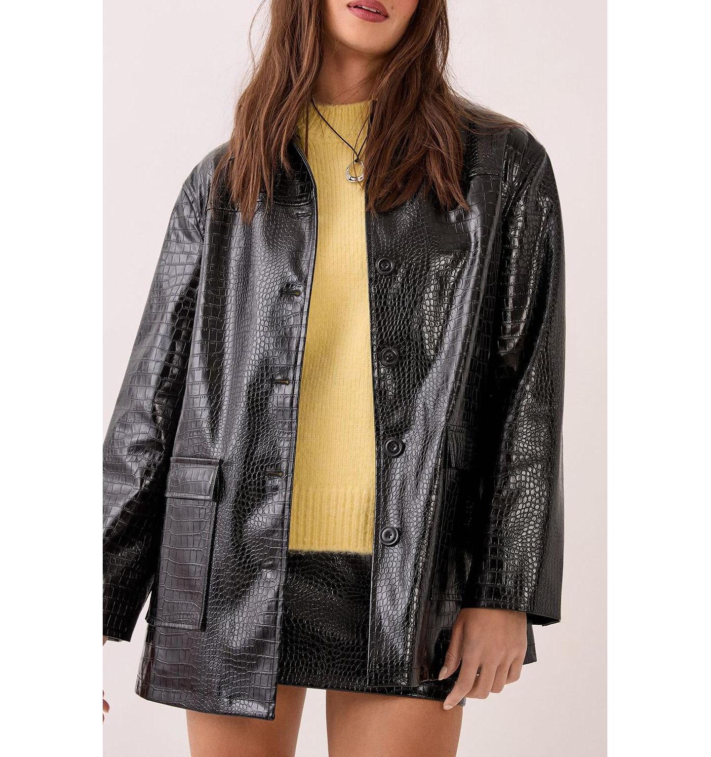 Женская куртка Nasty Gal Croc Vinyl Faux Leather Clean, цвет: Чёрный — фото 3
