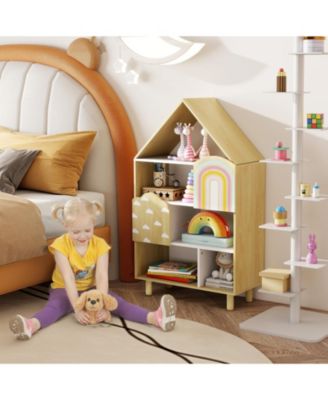 Kids Dollhouse Bookshelf House-shaped Bookcase Children Toy Storage Organizer
