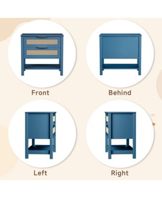 Rattan Nightstand - Bedside Table with 2 Drawers, Open Storage Shelf and Gold Drawer Handles for Bedroom, Living Room, Hallway