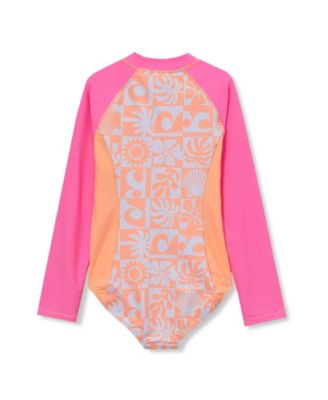 Girls Chlorine Resistant Long Sleeve One Piece Half Zip Swimsuit
