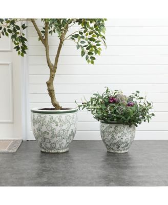 Green Paisley Ceramic Planter, 15.55" Round, Indoor & Outdoor Flower Pot