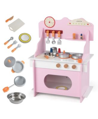 Wooden Play Kitchen Pretend Toy with Clock, Gift Set for Boys & Girls Ages 3
